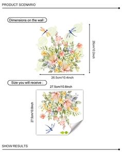 Detailed view of watercolor flower and dragonfly wall stickers showing exact product dimensions