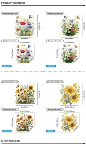 Size chart for floral PVC wall stickers showing detailed product dimensions and DIY layout