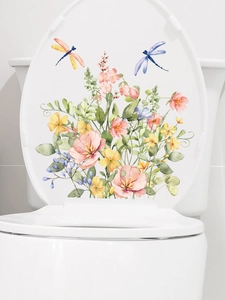 Detail of floral toilet stickers featuring watercolor wild flowers and dragonflies