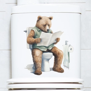 Funny Cartoon Bear Reading Newspaper Toilet Lid Sticker Waterproof Removable PVC Bathroom Decal Creative Restroom Home Decor