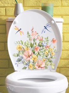 Detailed watercolor floral toilet sticker with pink flowers and colorful dragonflies