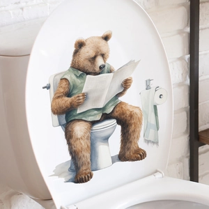 Cute brown bear reading newspaper on toilet, decorative removable wall sticker for bathroom