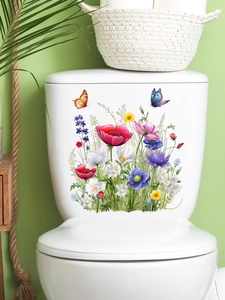 Vibrant wildflowers and butterflies waterproof PVC sticker on a white ceramic toilet tank