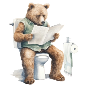 Whimsical watercolor wall sticker of a brown bear reading a newspaper on a white toilet