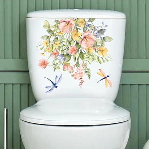 Watercolor Floral Dragonfly PVC Toilet Sticker Waterproof Removable Bathroom Glass Wall Decal Home Decor Flower Murals