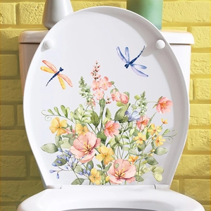 Vibrant watercolor flower and dragonfly wall decal for bathroom toilet lid decoration