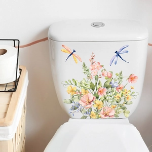 Floral toilet tank stickers with watercolor flowers and dragonflies on white background