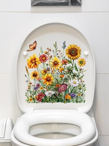 Vibrant sunflower and butterfly PVC decal detail on a clean white bathroom toilet lid