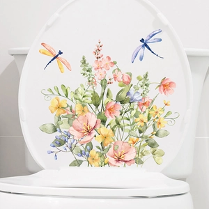 Floral watercolor toilet seat decal featuring pink tulips and dragonflies on white cover
