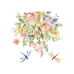 Watercolor floral wall sticker with pink flowers, green leaves and colorful dragonflies