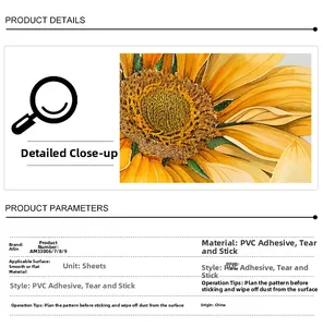 Detail of PVC adhesive sunflower wall sticker for smooth bathroom and window surfaces