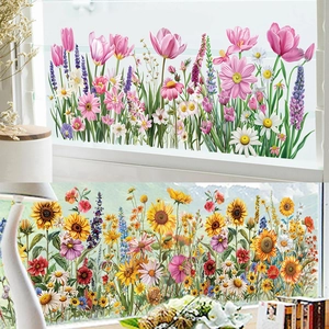 Stickers de Fenêtre Floraux Tournesol Tulipe PVC Imperméable Statique Stickers Muraux Porte en Verre Décoration Amovible Fleur Papillon