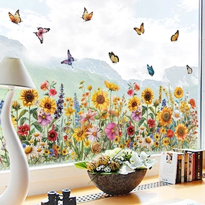 Stickers muraux fleurs avec tournesols, marguerites et papillons sur fenêtre vitrée
