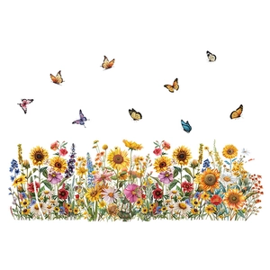 Sticker mural fleuri avec tournesols, tulipes et papillons sur fond blanc pur