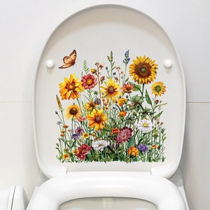 Floral toilet seat decal featuring colorful wildflowers and butterflies on white PVC