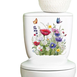Floral toilet seat decal featuring vibrant poppies and butterflies on a white background