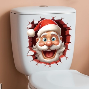 Detailed 3D Santa Claus sticker applied to a white toilet tank for festive decoration