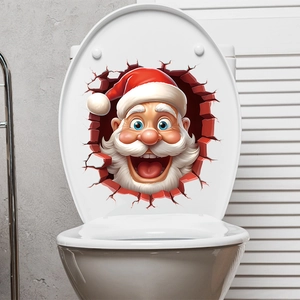 3D Santa Claus toilet lid sticker with festive brick wall breakout effect for bathroom decor
