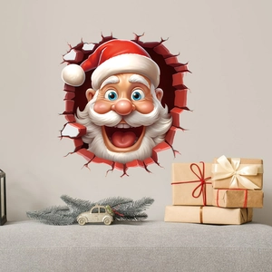 Macro view of 3D Santa Claus wall sticker showing realistic cracked brick wall effect