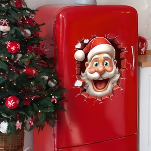 Detailed 3D Christmas Santa Claus sticker on a vintage red refrigerator with festive decor