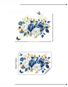 Blue and white peony wall decal dimensions showing on-wall and received sheet size
