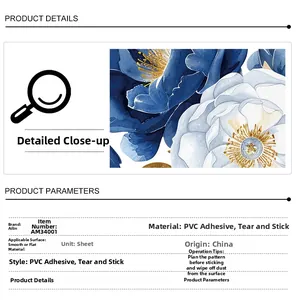 Close-up detail of blue and white peony flower wall decal with PVC adhesive texture