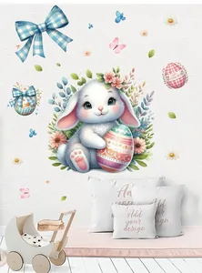 Detail of Easter bunny wall sticker with colorful eggs and daisies on white wall