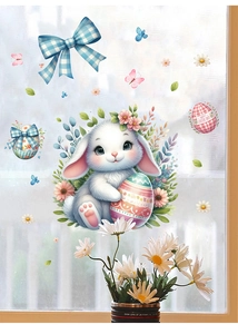 Easter wall decal detail showing a cute white rabbit with colorful eggs and flowers