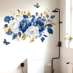Navy blue and white peony wall stickers with gold leaves and butterflies in bathroom