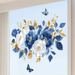 Elegant blue and white floral wall stickers with golden leaves and butterflies for bedroom