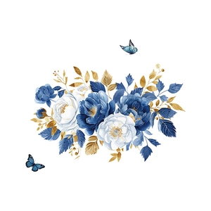 Elegant blue and white rose wall stickers with golden leaves and butterflies for home decor