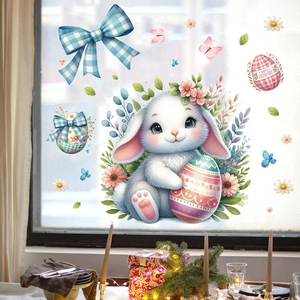 Easter window stickers featuring a cute white rabbit with colorful eggs and floral motifs