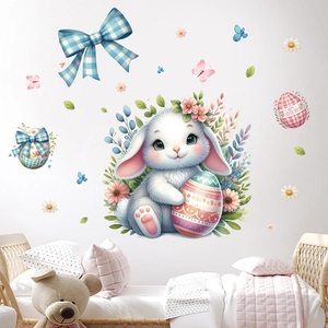 Easter bunny and colorful egg wall decals for nursery decor with floral accents