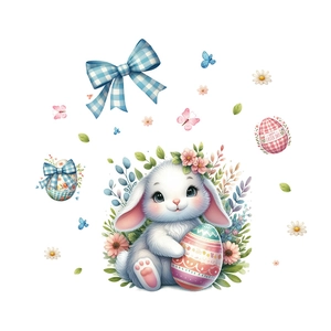 Cartoon Easter bunny wall sticker set with colorful eggs and floral decor for kids room
