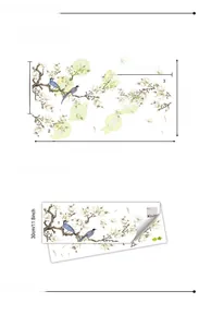 Detail view of magnolia flowers and birds wall stickers with dimension specifications