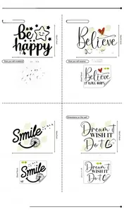 Detail of four sets of motivational wall stickers with size dimensions and quote designs