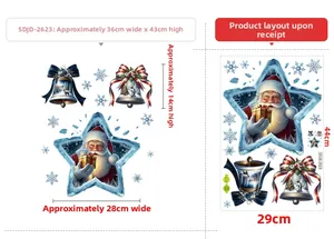 Detail view of Santa Claus stars and Christmas bell window stickers with snowflakes