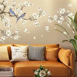 Modern Chinese Magnolia Tree Wall Sticker With Birds Removable PVC Floral Wall Decals For Living Room Bedroom Sofa Background Decor
