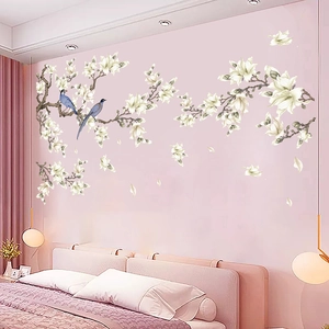 Floral magnolia wall stickers with blue birds for elegant living room home decor