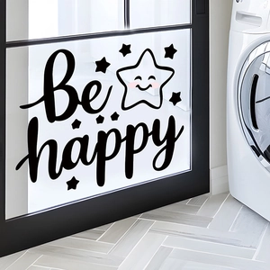 Detail view of Be Happy inspirational vinyl wall sticker with cute smiling star on glass