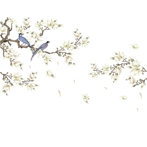 Large magnolia flower tree wall decal with blue birds for elegant living room decor