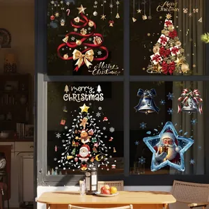Christmas Tree Santa Claus Static Window Clings PVC Glass Decals For Holiday Shop Home Decoration Reusable Snowflake Stickers
