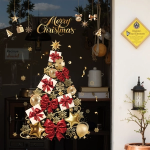 Christmas tree window cling with golden snowflakes, red bows and Merry Christmas text decor
