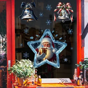 Christmas window decals with Santa Claus stars and winter bells for festive glass decoration