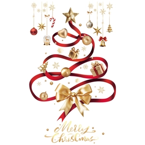 Christmas tree wall sticker made of red ribbons with gold ornaments and Merry Christmas text