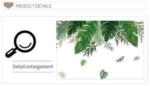 Détail de l'autocollant mural avec feuilles de palmier tropicales, monstera et papillon