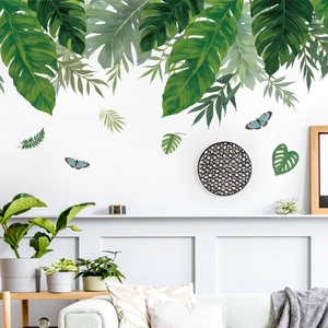 Stickers Muraux Feuilles de Monstera Tropicales Plante Verte Papillons Autocollants Muraux Amovibles pour Salon Chambre Décor