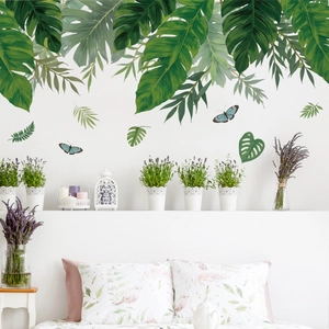 Stickers muraux feuilles tropicales et papillons bleus pour décor de chambre