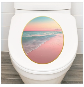 Detailed view of waterproof oval toilet lid sticker featuring a rainbow beach sunset