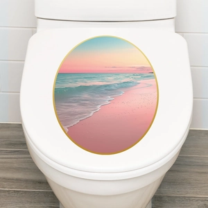 Oval rainbow beach sunset wall sticker for bathroom toilet cover decoration in pink and blue